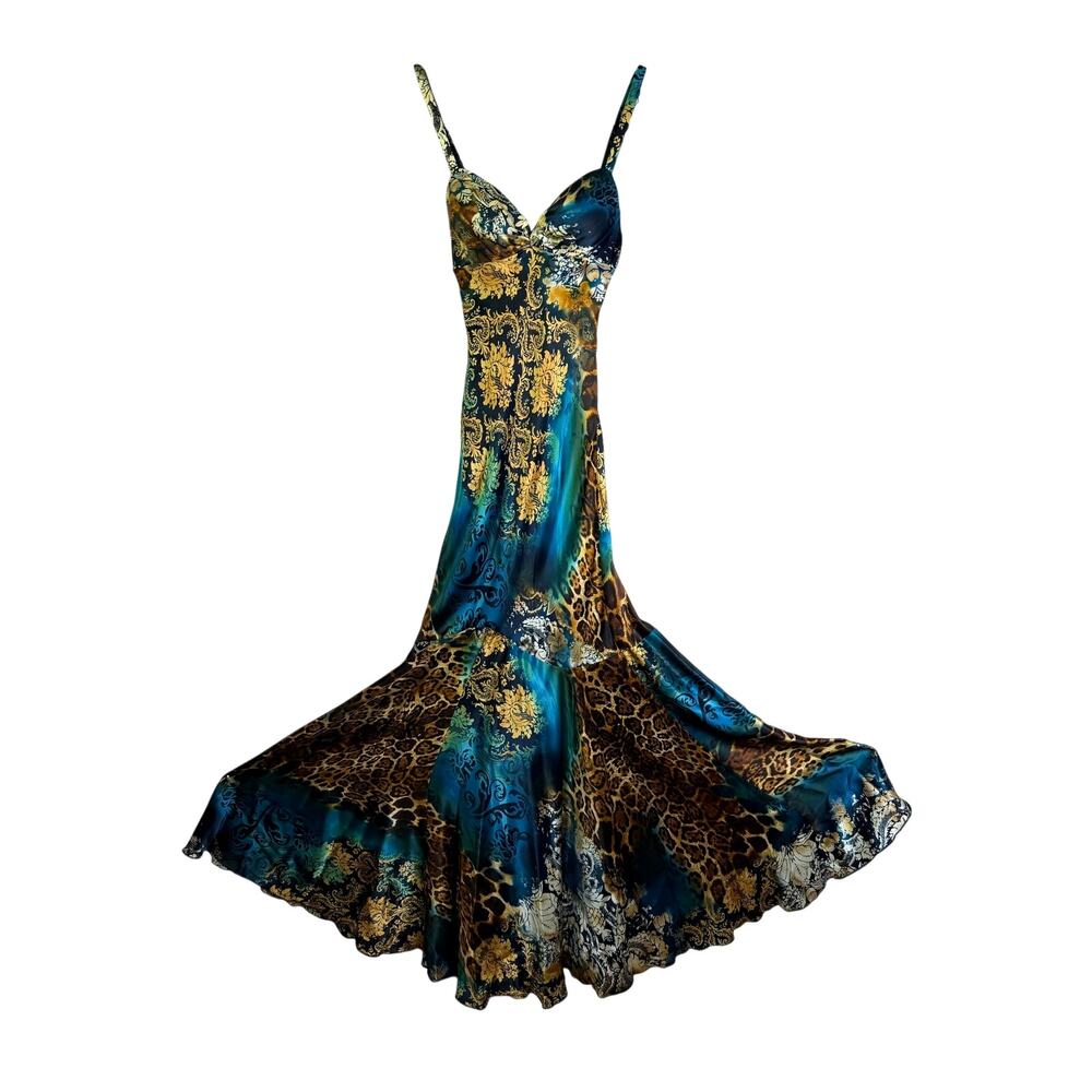 CACHE Dress 2 Vintage Silk Backless Paisley Leopard Mermaid Fit & Flare Prom